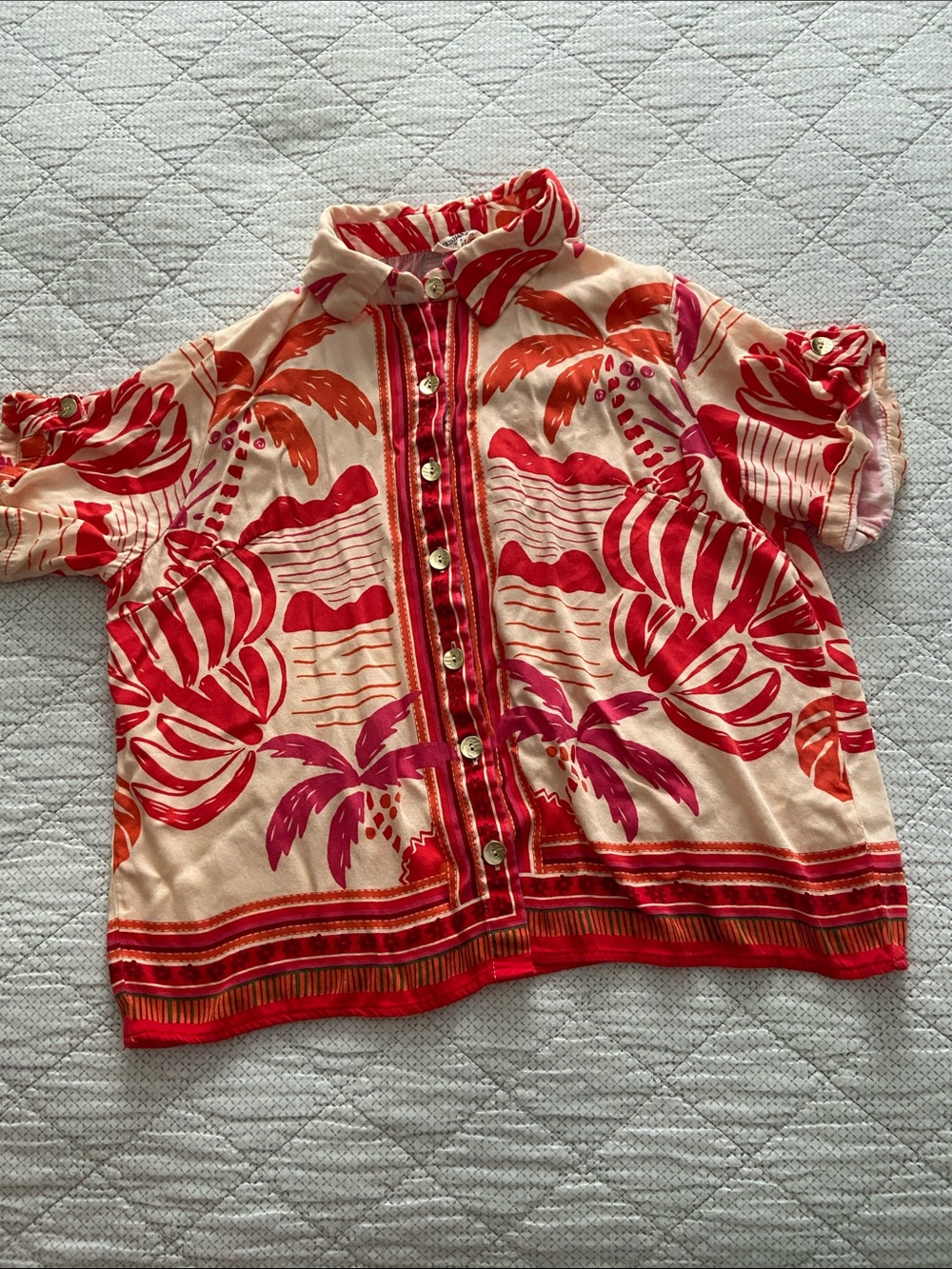 Christian Siriano Kids Tropical Button-Front Shirt in Red & Cream